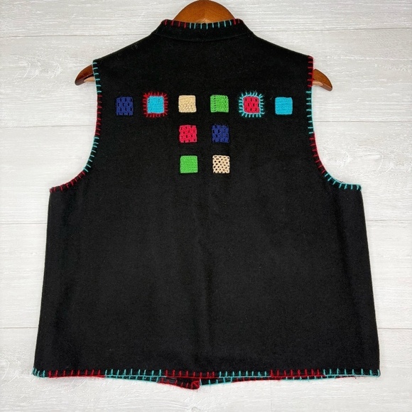 Unique Women's VNTG Allure Color Patchwork Wool Blend Black Vest Size Large - Picture 8 of 10